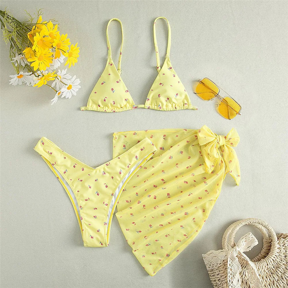 Yellow Floral Print Swimwear Mesh Cove Ups 3 Piece Bikini Set Damen Sexy Swimsuit Women 2025 Beach Wear Bikinis Swimming Wear