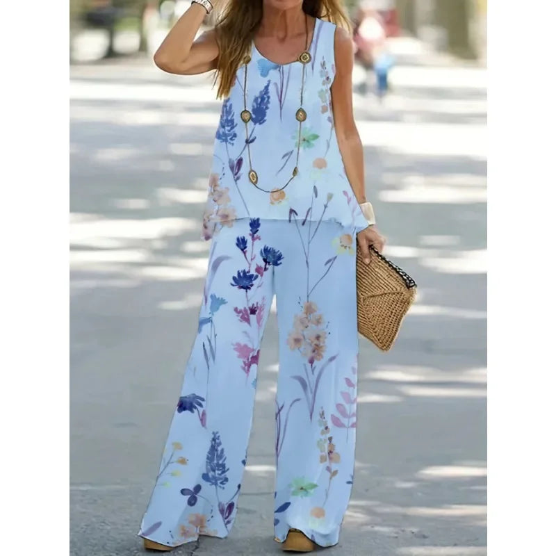 Women's1XL-8XL Plus Size Round Neck Casual Outfits Two Piece Set Solid Tank Top Wide Leg Pants Outfits 2 Piece Set