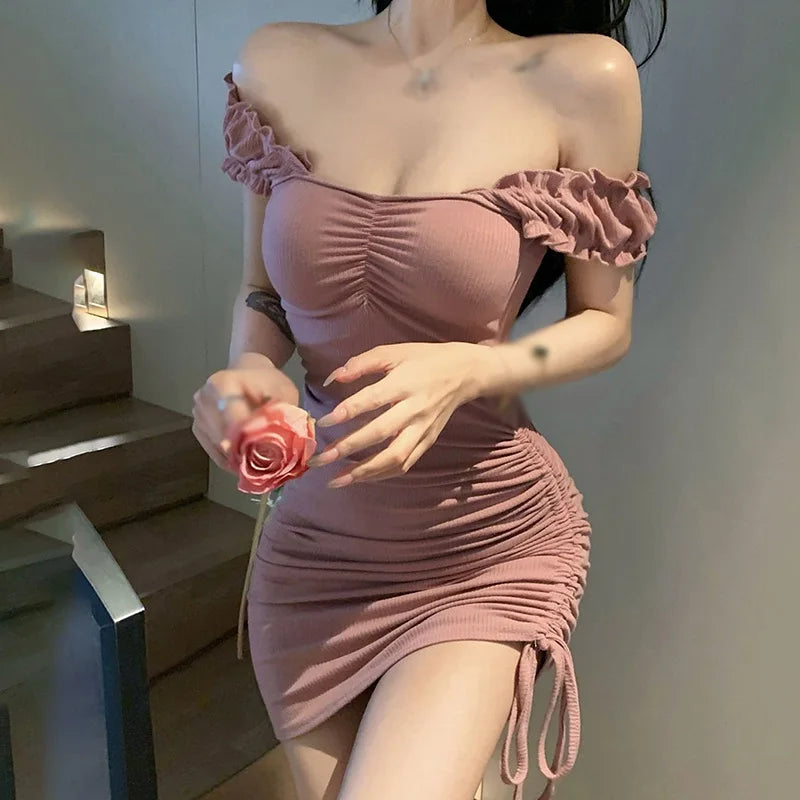 Women Dress Korean Summer Solid Color Slash Neck Drawstring Slim Sexy Short Sleeve Dresses