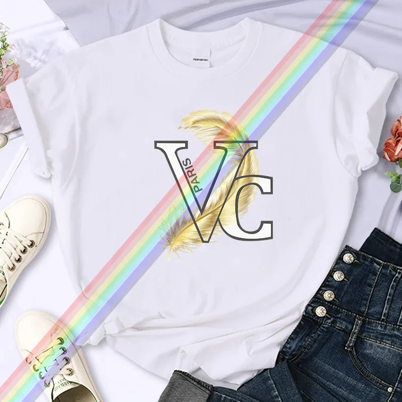 For Women's Luxury Brand High-Quality Summer Feather Printing T-shirt 100% Cotton Casual Oversized Y2k Personality Sleeve O-neck
