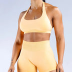 D LOGO Sports Bra Women Seamless Halter Neck Strap Bra with Logo Padded Open Back Yoga Top Bra Medium Support Gym Crop Top