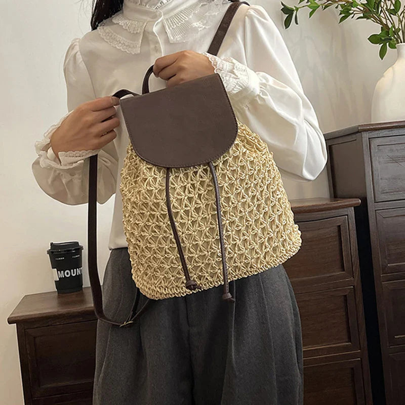 Vintage Straw Backpack Women's Fashion Shoulder Bag Versatile Straw Woven PU Leather Elegant Luxury Designer Backpack