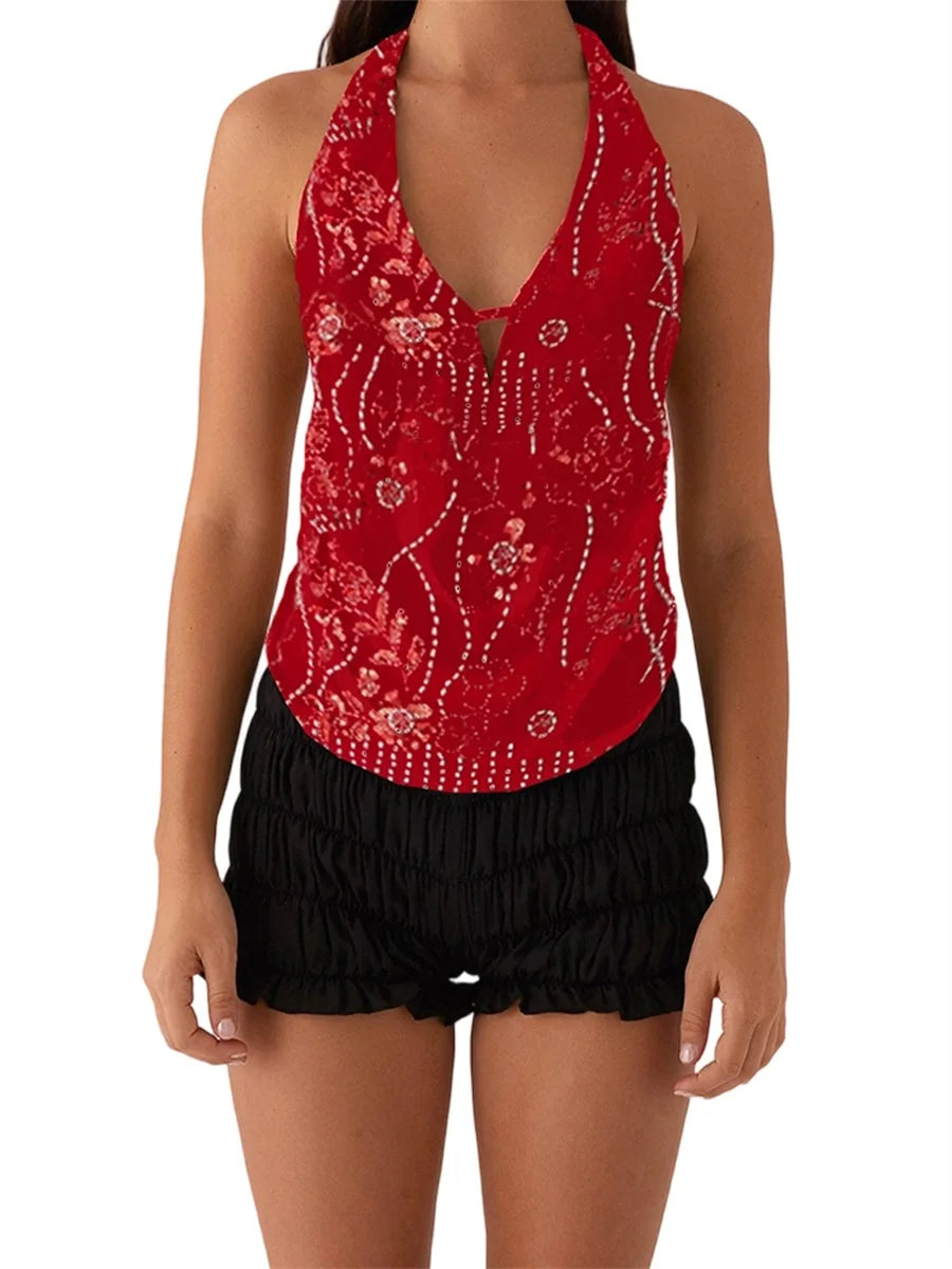 Elegant  Sequins Patchwork Women Halter Tops Summer Beaded Floral Pattern Backless Shirts Vest for Streetwear Aesthetic  Clothes