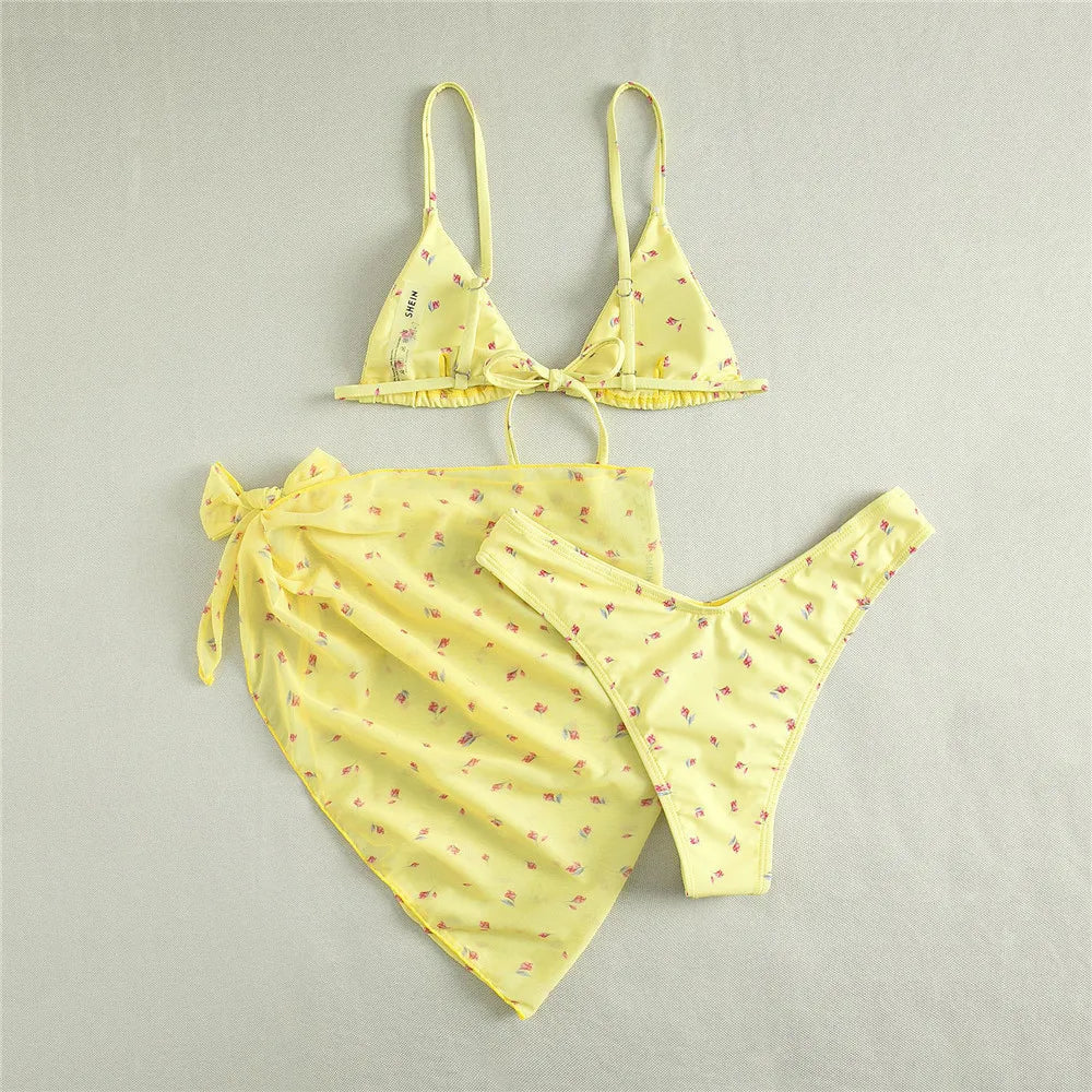 Yellow Floral Print Swimwear Mesh Cove Ups 3 Piece Bikini Set Damen Sexy Swimsuit Women 2025 Beach Wear Bikinis Swimming Wear