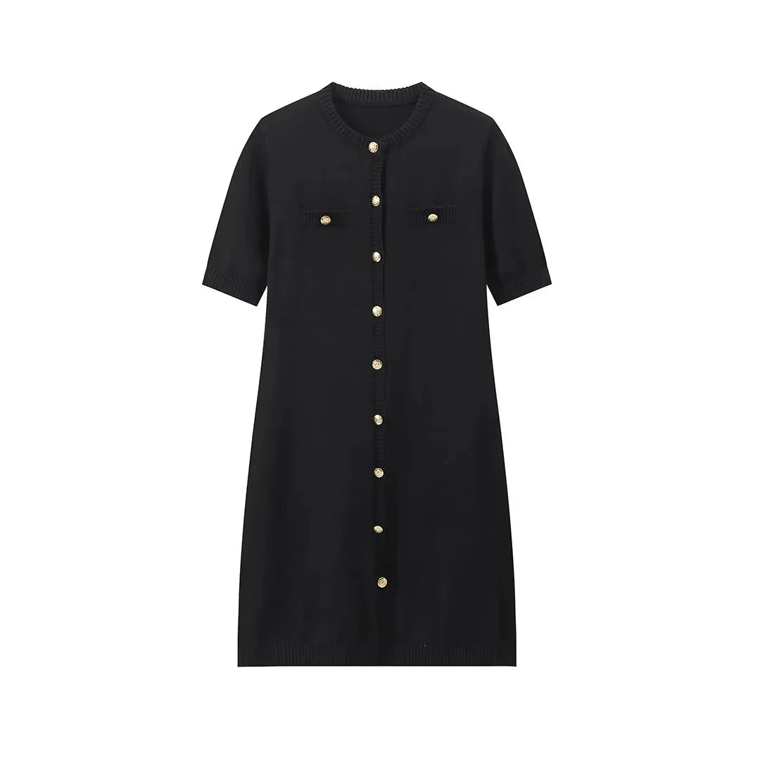 Elegant Women's Knitted Short Sleeve Dress Single Breasted High Waist Button Mini Curvy Dresse Knitwears White Black Summer 2025