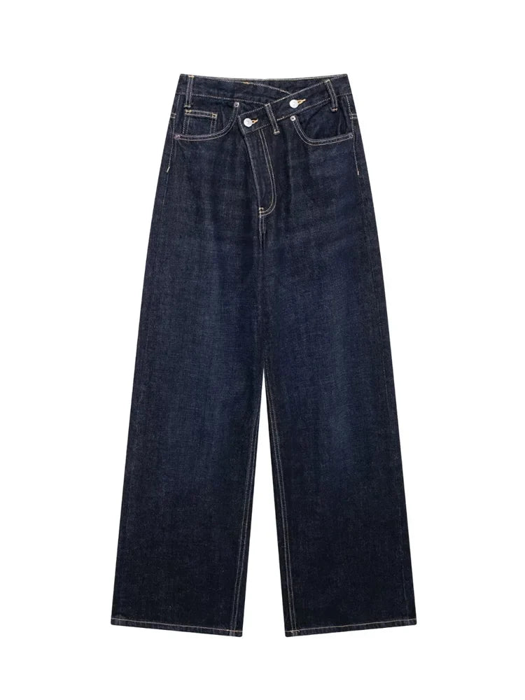 TRAF Women's Basic Hundred Jeans New Fashion Asymmetric Design High Waist Wide Leg Trousers Casual Women's Straight Leg Jeans