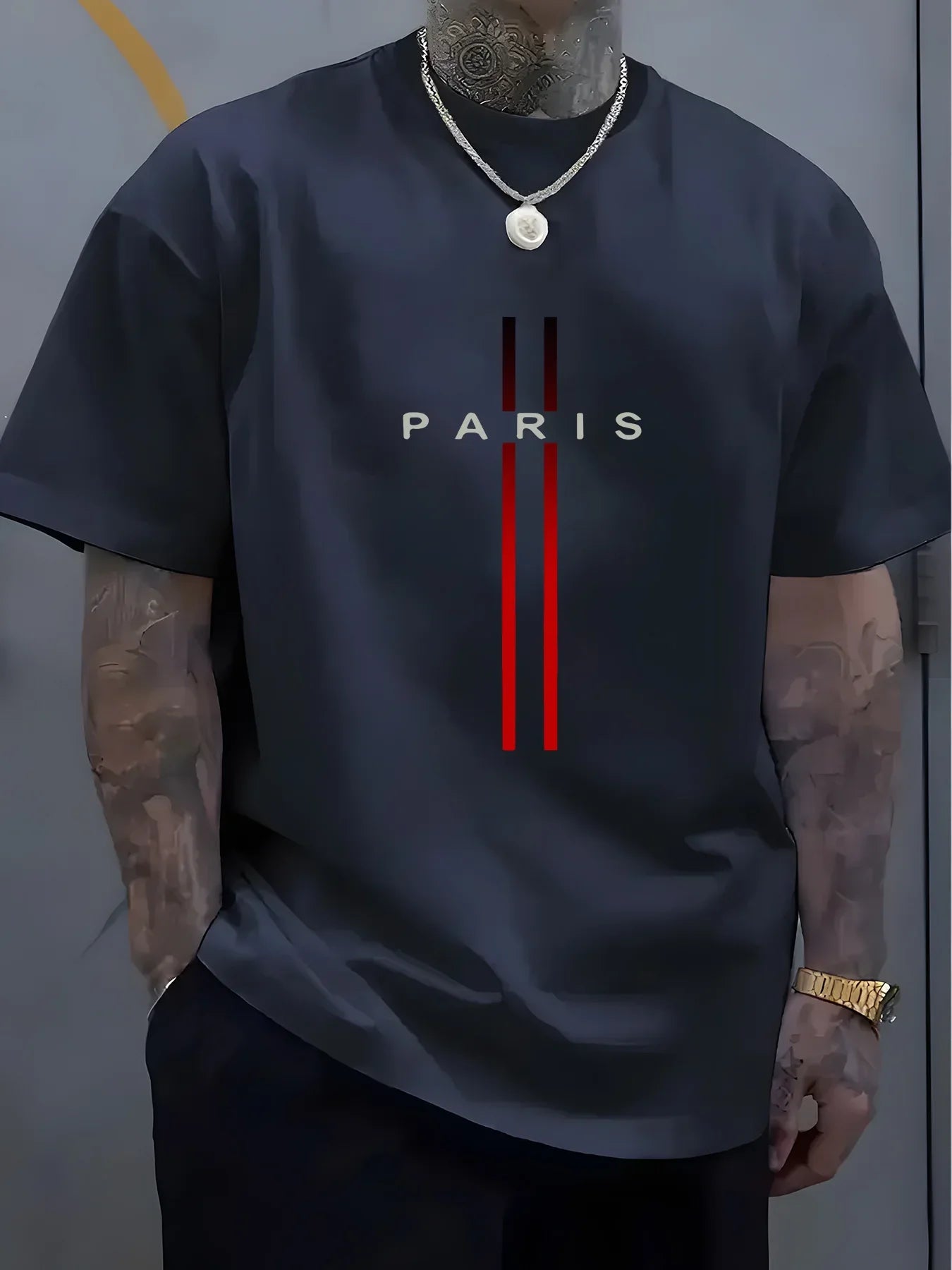 Summer men's 100% pure cotton casual loose fit plus size PARIS letter pattern printed round neck short sleeved T-shirt top