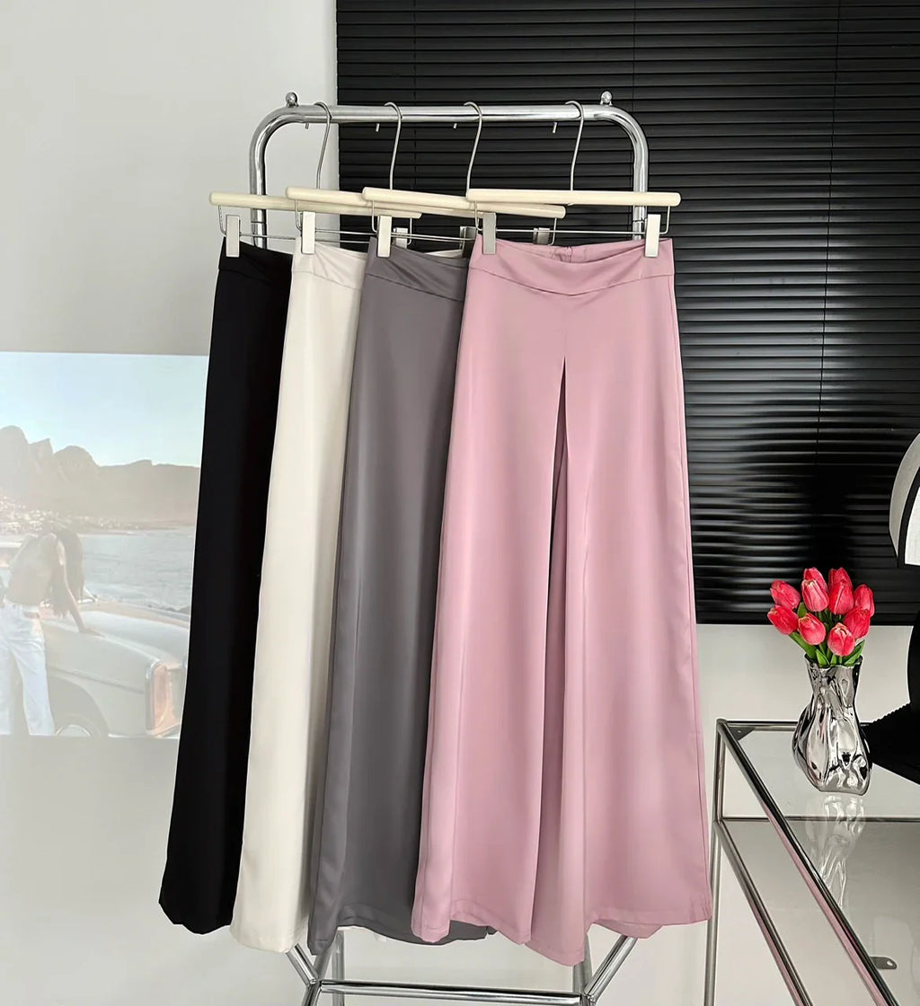 High-Grade Acetate Satin Wide-Leg Pants Women Spring Bell-Bottoms Pants Loose Casual Pants High Waist Oversized Long Pantalons