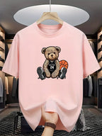 Men's summer 100% pure cotton fashionable casual loose plus size Leisure Bear printed sports round neck short sleeved T-shirt