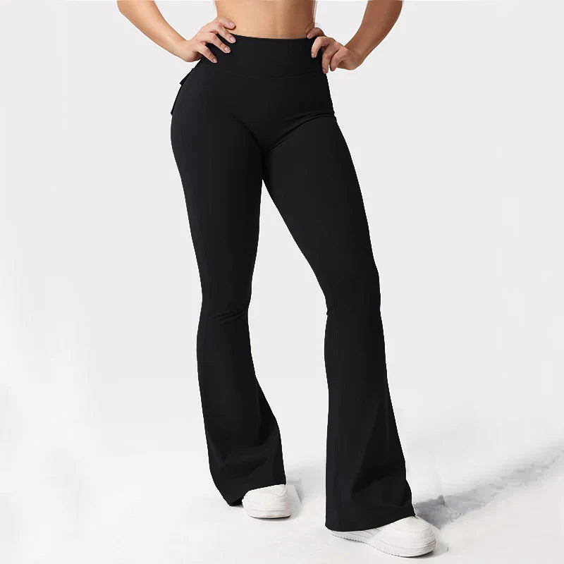 New women's casual flared yoga pants, training flared pants, high waisted work clothes, belt pocket sportswear