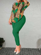 LW Plus Size Autumn Women Fashionable Casual Round Neck Backless Printed Pants Set Long Sleeved Pants Two-piece Set