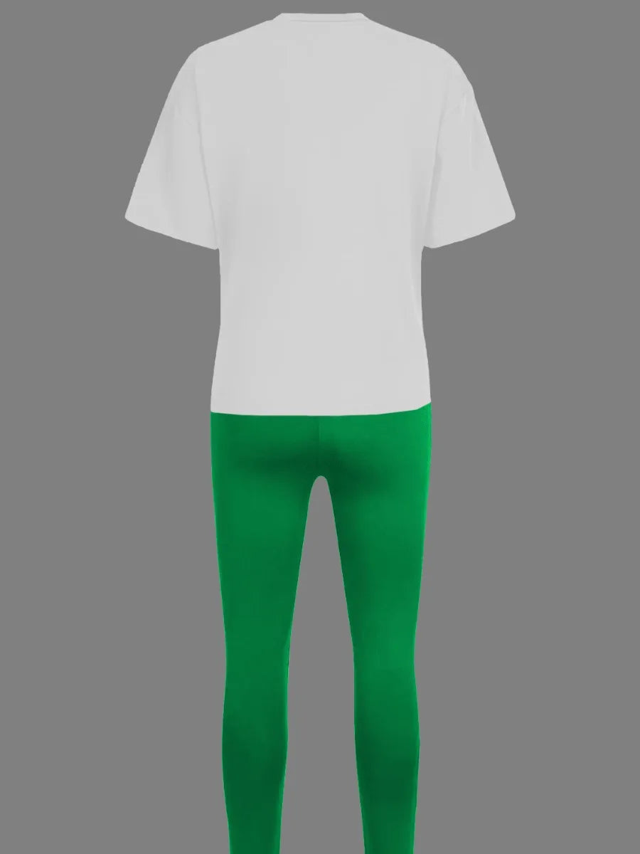 LW Plus Size Women Two Piece Tracksuits 23 Digital Print Skinny Pants Set  short Sleeve Sweatshirt +Skinny Pants Set Women Track