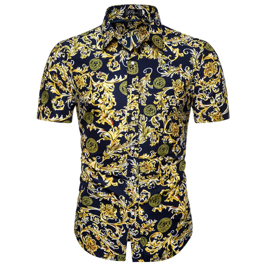 Summer New Men's Short Sleeved Shirt Thin Collar Hawaiian Style Floral Shirt Vacation Series Men's Shirt