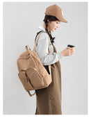 Water - resistant double - shoulder backpack. It has a large capacity, is lightweight and casual. Made of wrinkled and washed ny