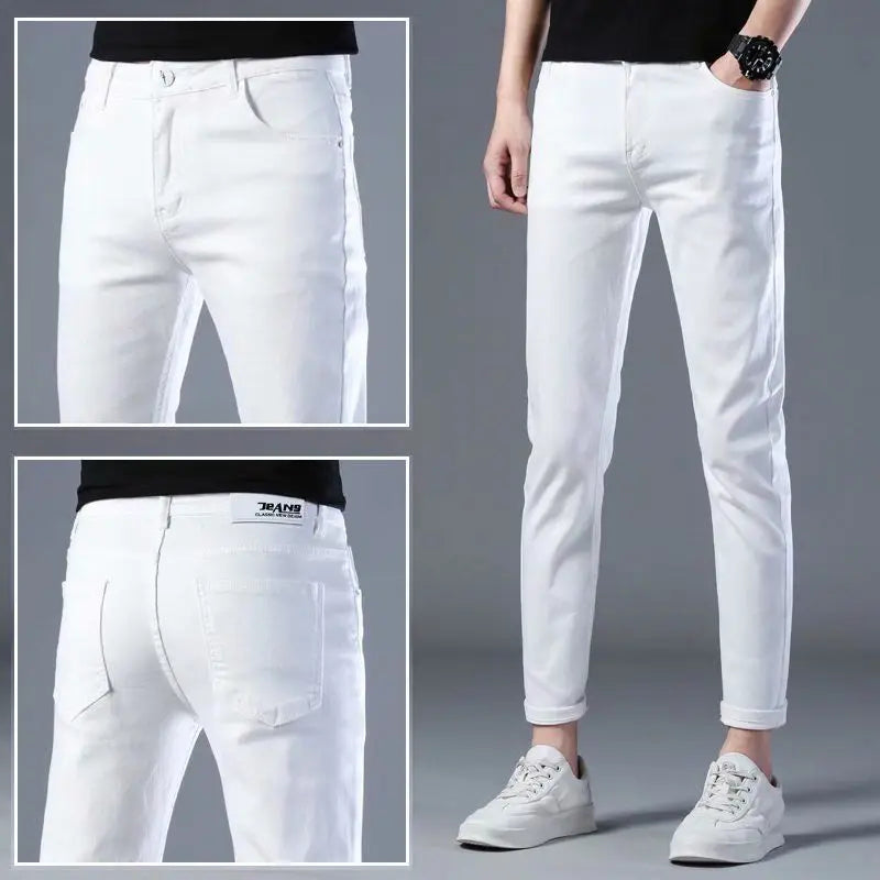 Korean Popular Clothes Men's Spring Autumn High-end Pure White Jeans Men's Brand Slim Elastic Small Feet Korean Trendy Trousers