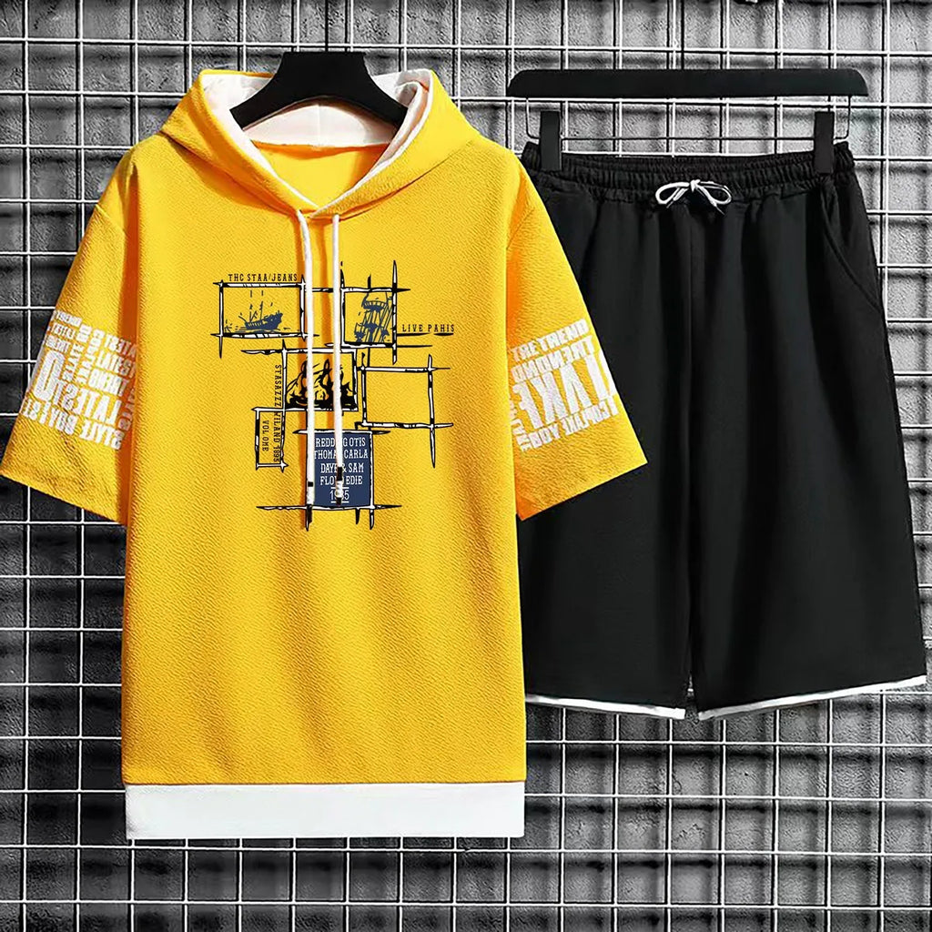 Hoodies Set Shorts Pullover Hat Summer Suits Casual T Shirt Clothing for Men T-shirt Hood Print Hoodie Men New Top Short Sleeve