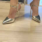 Women 10.5cm High Heels Sandals Lady Metallic Gold Silver Patent Leather Stripper Strap Sandles Wedding Fetish Nightclub Shoes