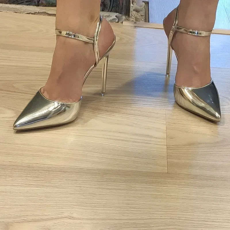 Women 10.5cm High Heels Sandals Lady Metallic Gold Silver Patent Leather Stripper Strap Sandles Wedding Fetish Nightclub Shoes