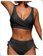 Drawstring High Waist Bikini 2023 Women Solid Swimwear Female Cross Front Swimsuit Padded Beachwear Bather Bathing Swimming Suit