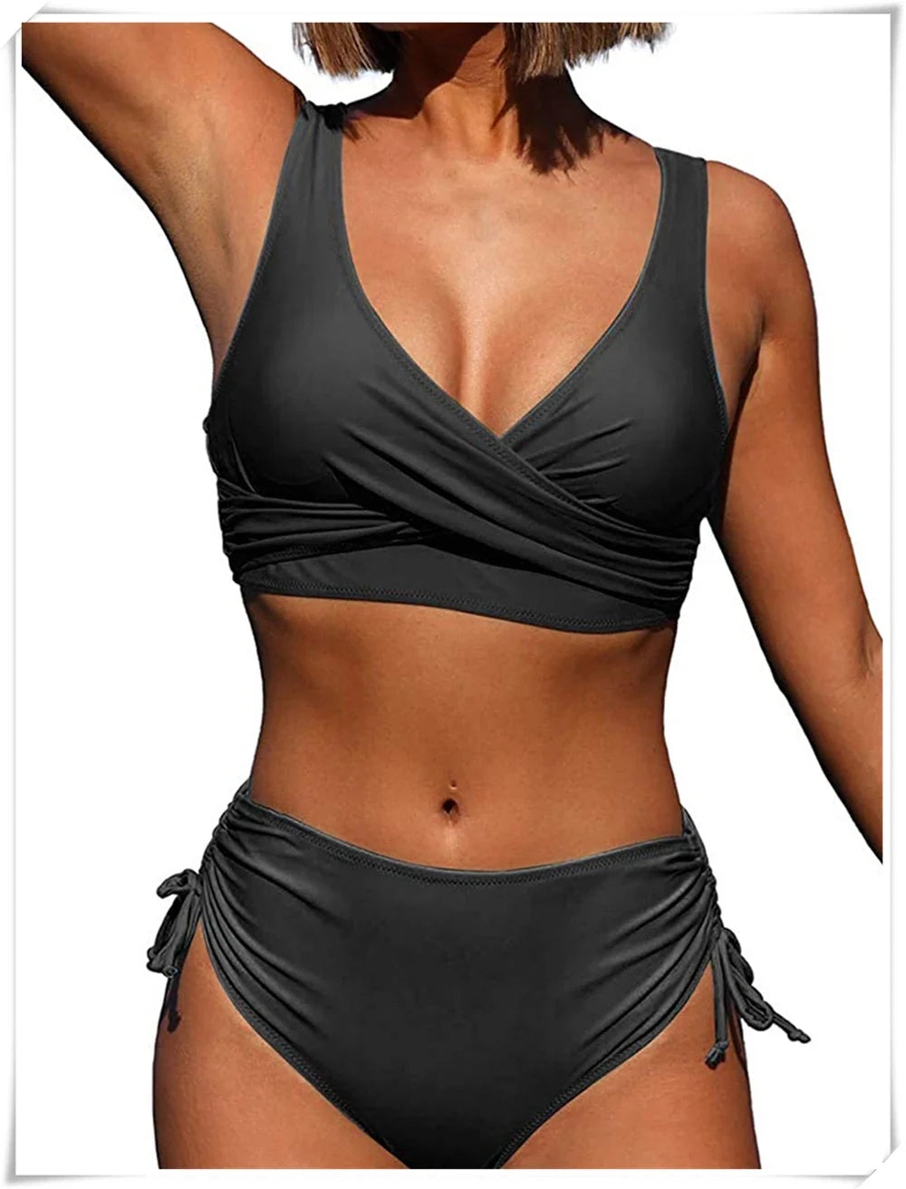 Drawstring High Waist Bikini 2023 Women Solid Swimwear Female Cross Front Swimsuit Padded Beachwear Bather Bathing Swimming Suit