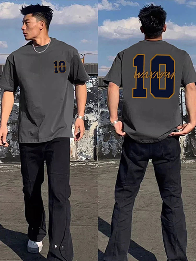 Large Cotton Men's Creative Digital 10 Printed Short Sleeved T-shirt for Men Explosive Street Loose Half Sleeved Hip-hop Top