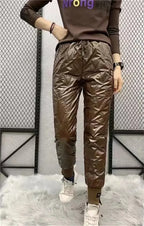 Winter Oversized Down Cotton Pencil Pants Warm Korean Fashion Slim Thick Women Pantalones Casual High Wais Black Trousers 4XL