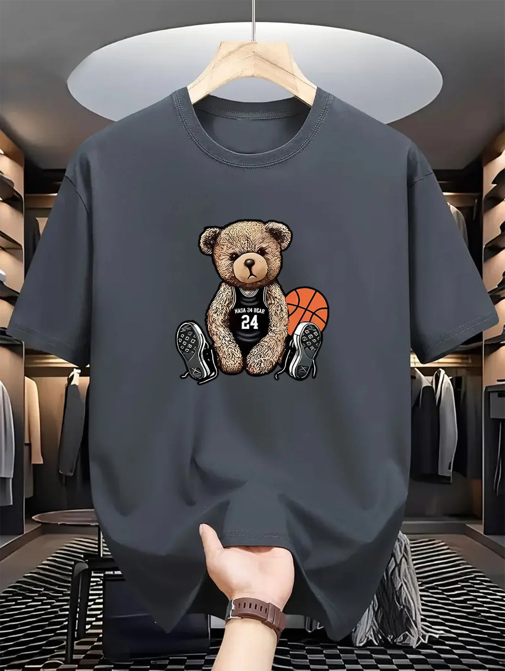 Men's summer 100% pure cotton fashionable casual loose plus size Leisure Bear printed sports round neck short sleeved T-shirt