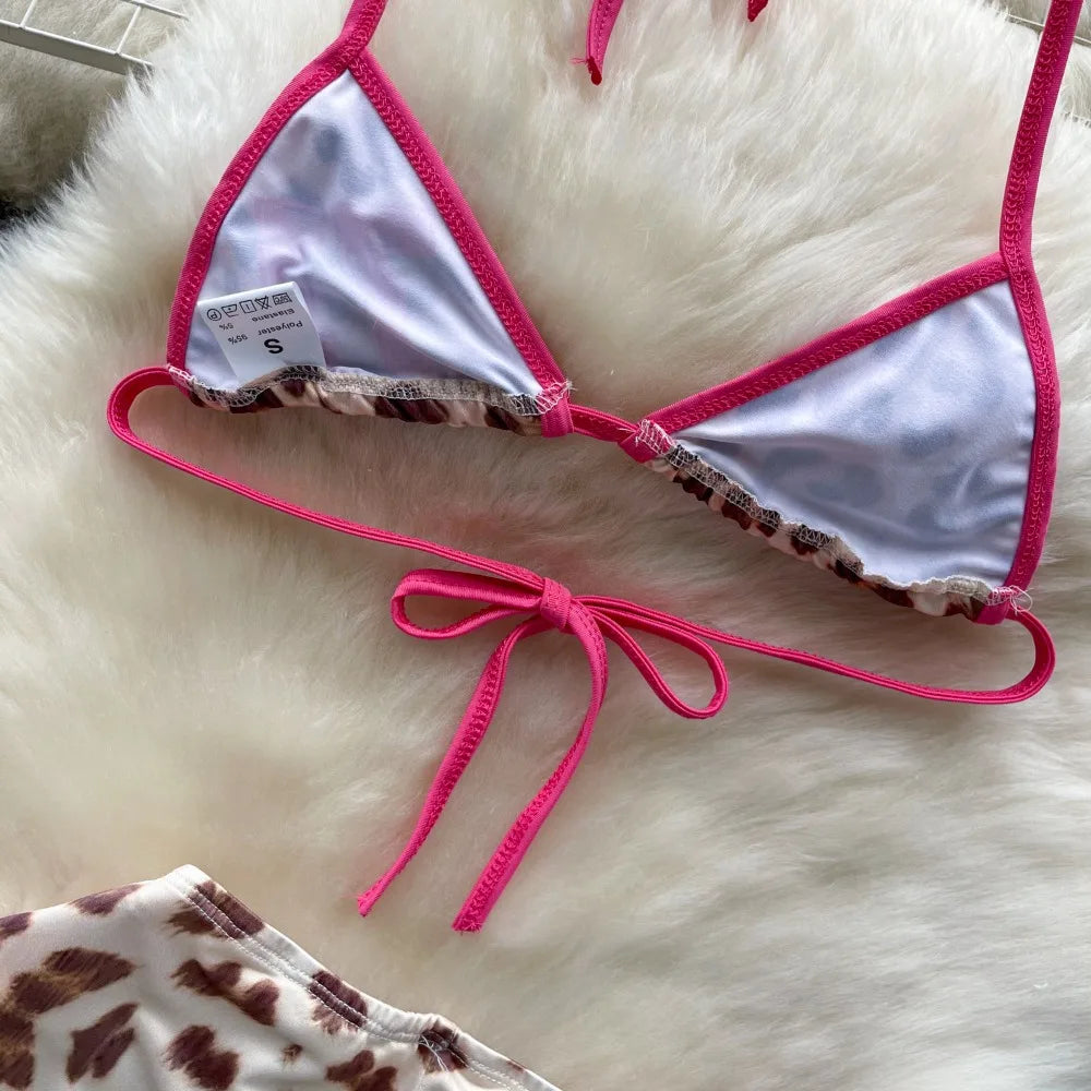 Foamlina American Pure Desire Hottie Strap Leopard Print Bikini Uniform Three-piece Suit Women's Summer Tube Top + Shorts