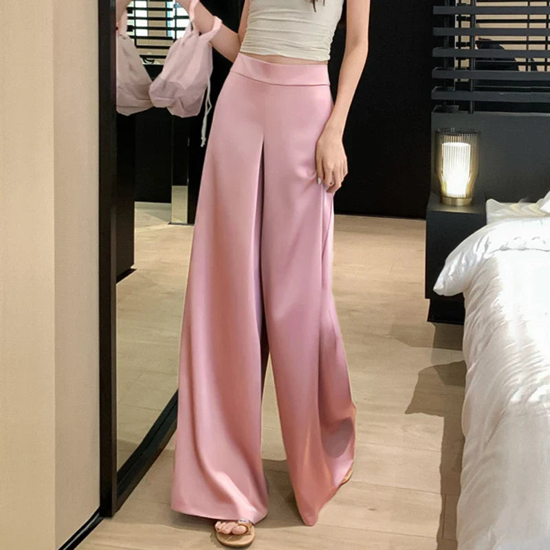 High-Grade Acetate Satin Wide-Leg Pants Women Spring Bell-Bottoms Pants Loose Casual Pants High Waist Oversized Long Pantalons