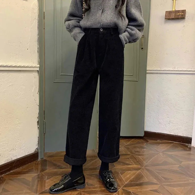 Vintage Corduroy Wide Leg Pants Women High Waist Pockets Baggy Trousers Streetwear Korean All Match Black Casual Straight Pants