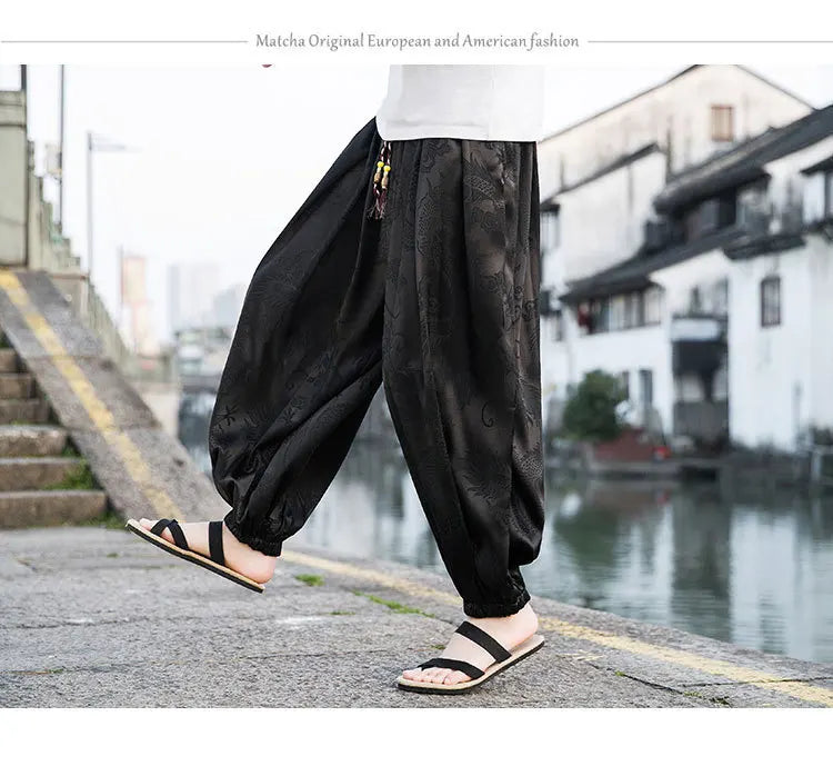 FGKKS 2023 Outdoor Brand Pants For Men Lce Silk Dragon Dark Flower Loose Bloomers High Quality Wide Leg Casual Trousers Male