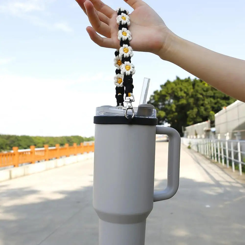 Water Bottle Handle Strap Handmade Flower 16-40oz Tumbler Silicone Safety Ring Cotton Rope Flower Durable Water Bottle Strap