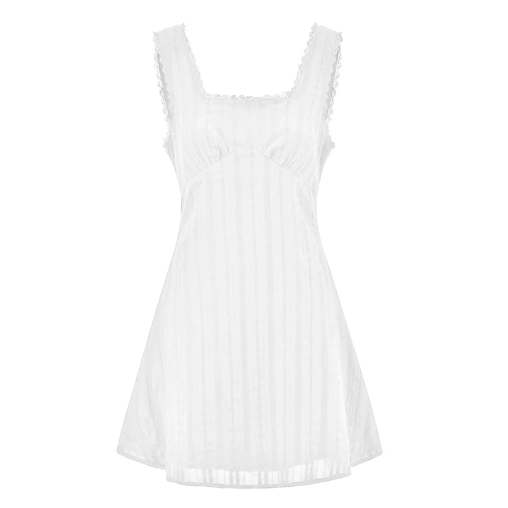 Women Summer White Short Dress Sleeveless Square Neck Lace Trim A-line Tank Dress Bohemian Casual Chic Dresses