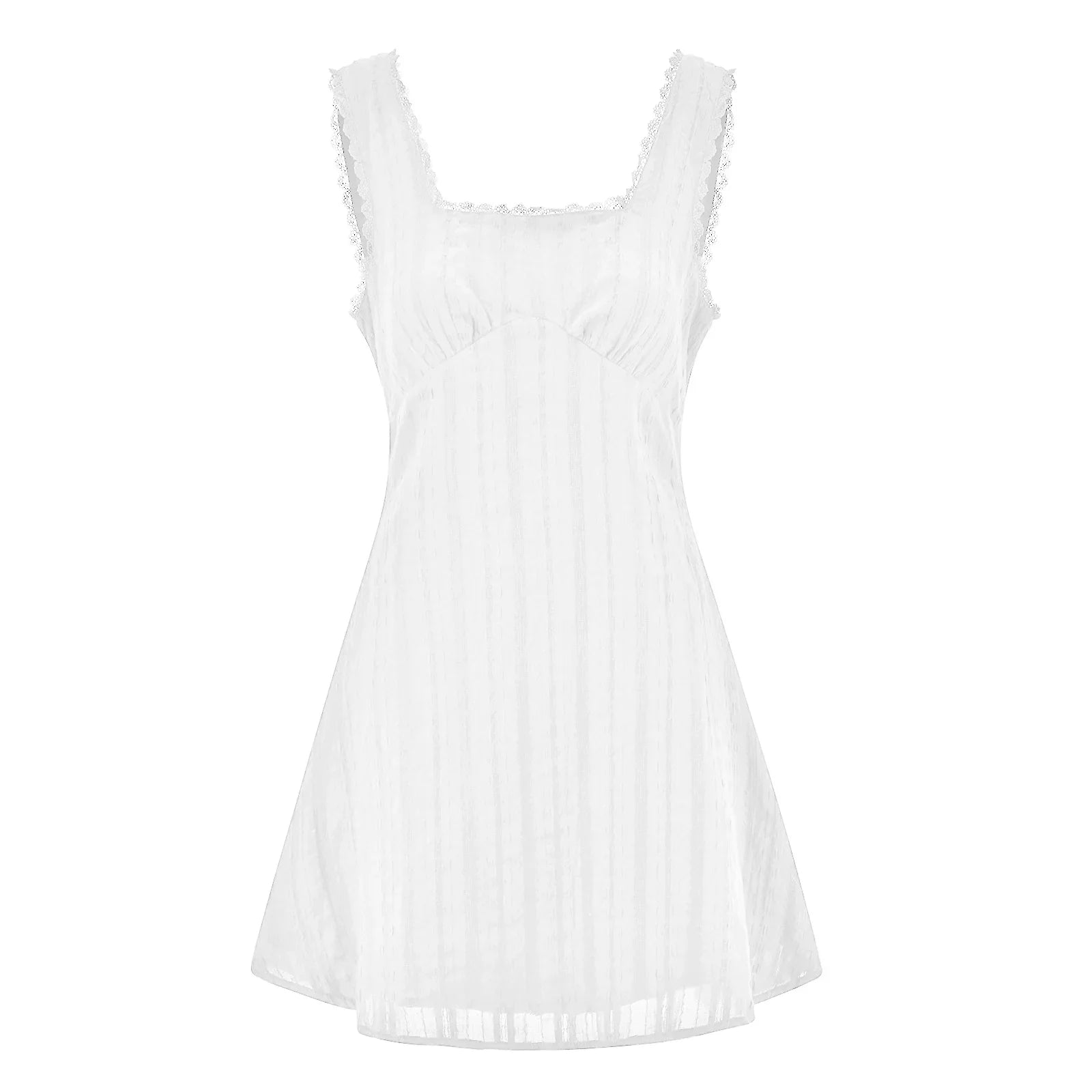 Women Summer White Short Dress Sleeveless Square Neck Lace Trim A-line Tank Dress Bohemian Casual Chic Dresses