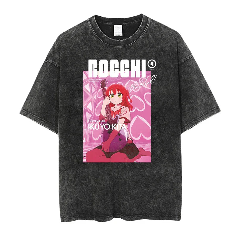 Men Oversized Printed Tshirts Bocchi Club Music Band Anime Bocchi The Rock Cotton Tops Creative Crew Neck Tees Washed TShirt