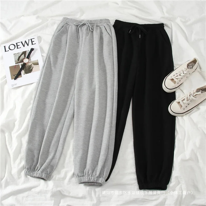 Women's Autumn Winter Casual Sports Loose Slimming Versatile Fleece-lined Outerwear Straight-leg Cuffed Pants Carrot Sweatpants