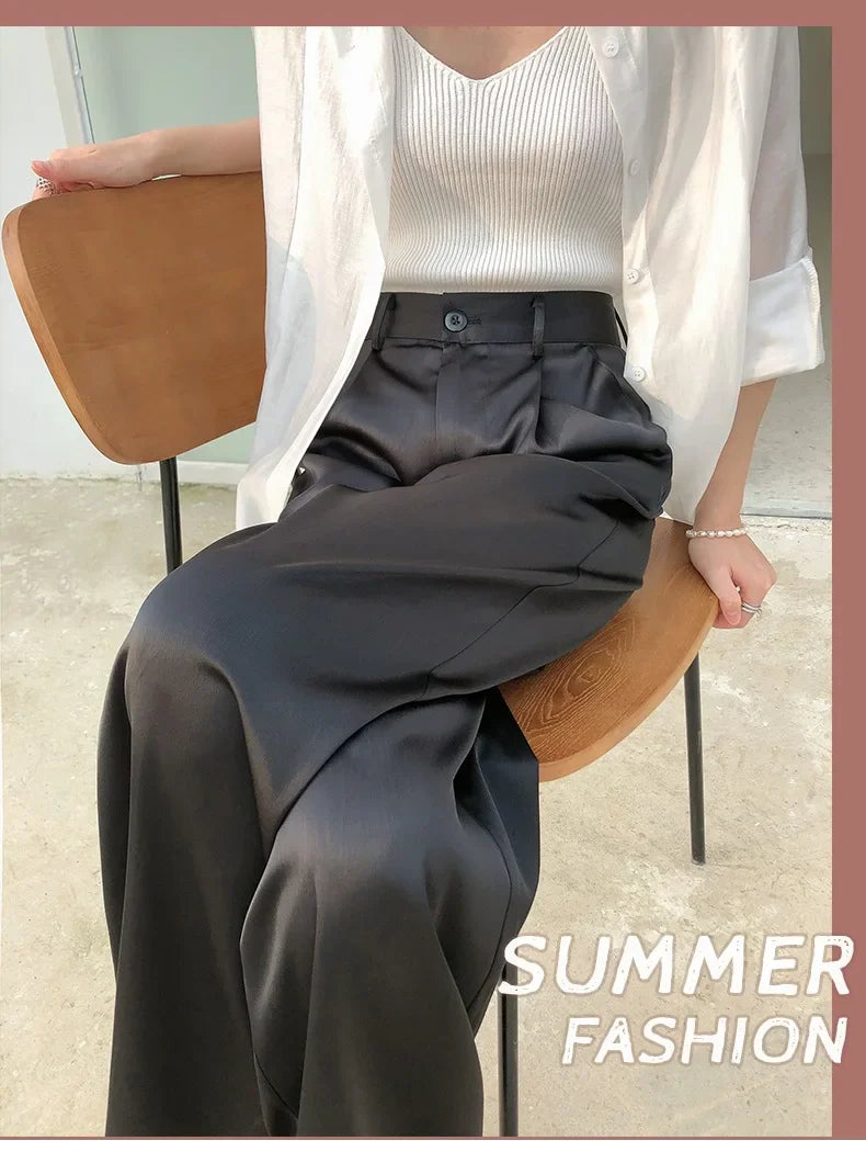 Garemay Summer Autumn Women's Pants Loose Solid Classic Black Straight High Waist Casual Silk Satin Wide Leg Trousers for Women