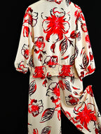 Women's Long Bottom Cross-Neck Suit, Bright  Fashion Flower Print Pattern, Waist-cinching Short Top, Plus Size, Spring  & Summer