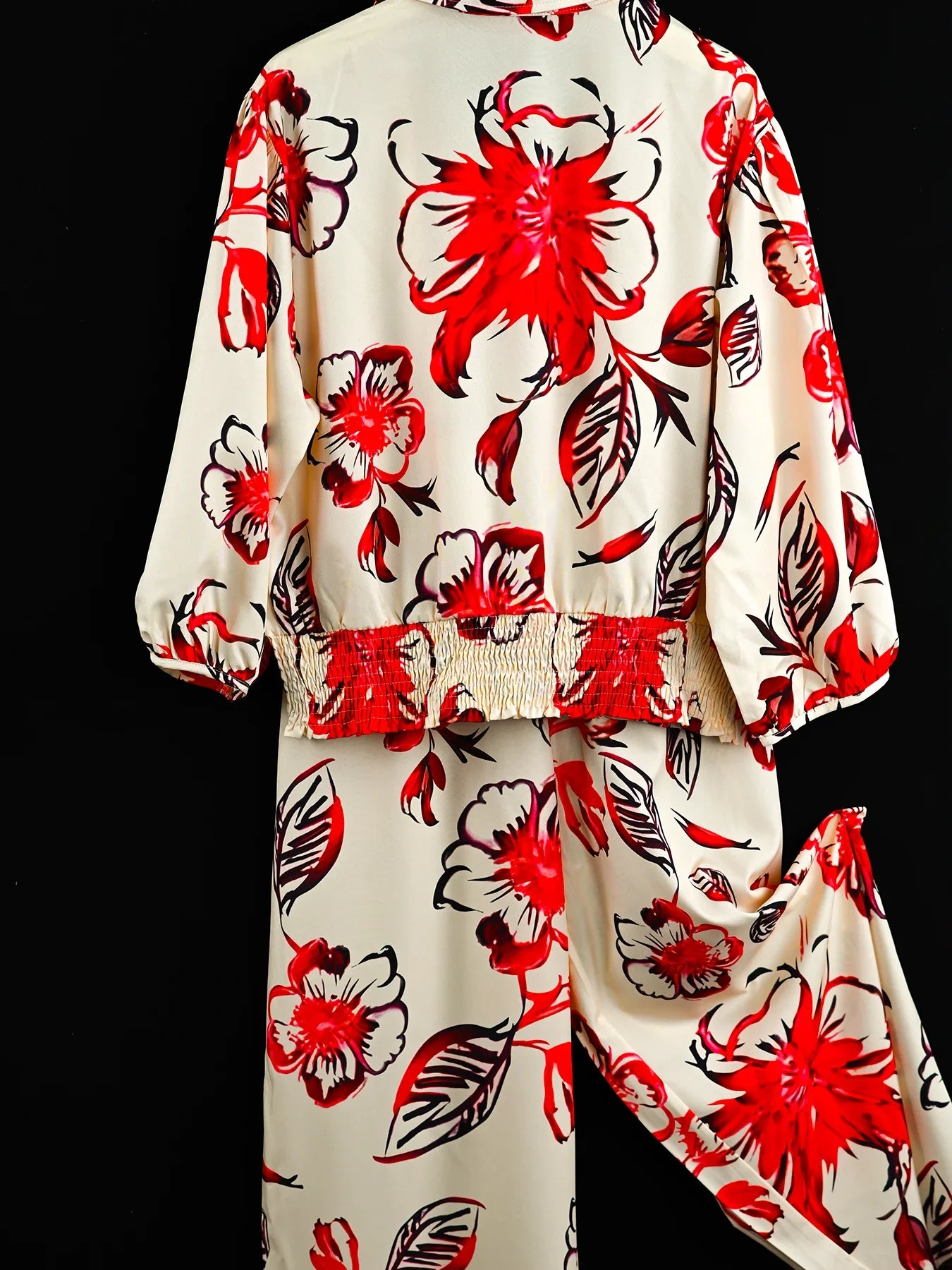 Women's Long Bottom Cross-Neck Suit, Bright  Fashion Flower Print Pattern, Waist-cinching Short Top, Plus Size, Spring  & Summer