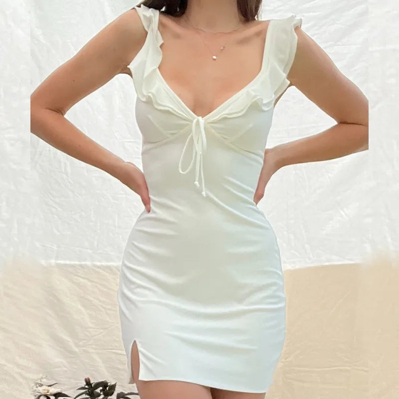 Xeemilo Solid Deep V-neck Sleeveless Dress 2022 Summer Elegant Women Ruffles Split Mini Dresses Sexy Slim Party Clubwear Vestido