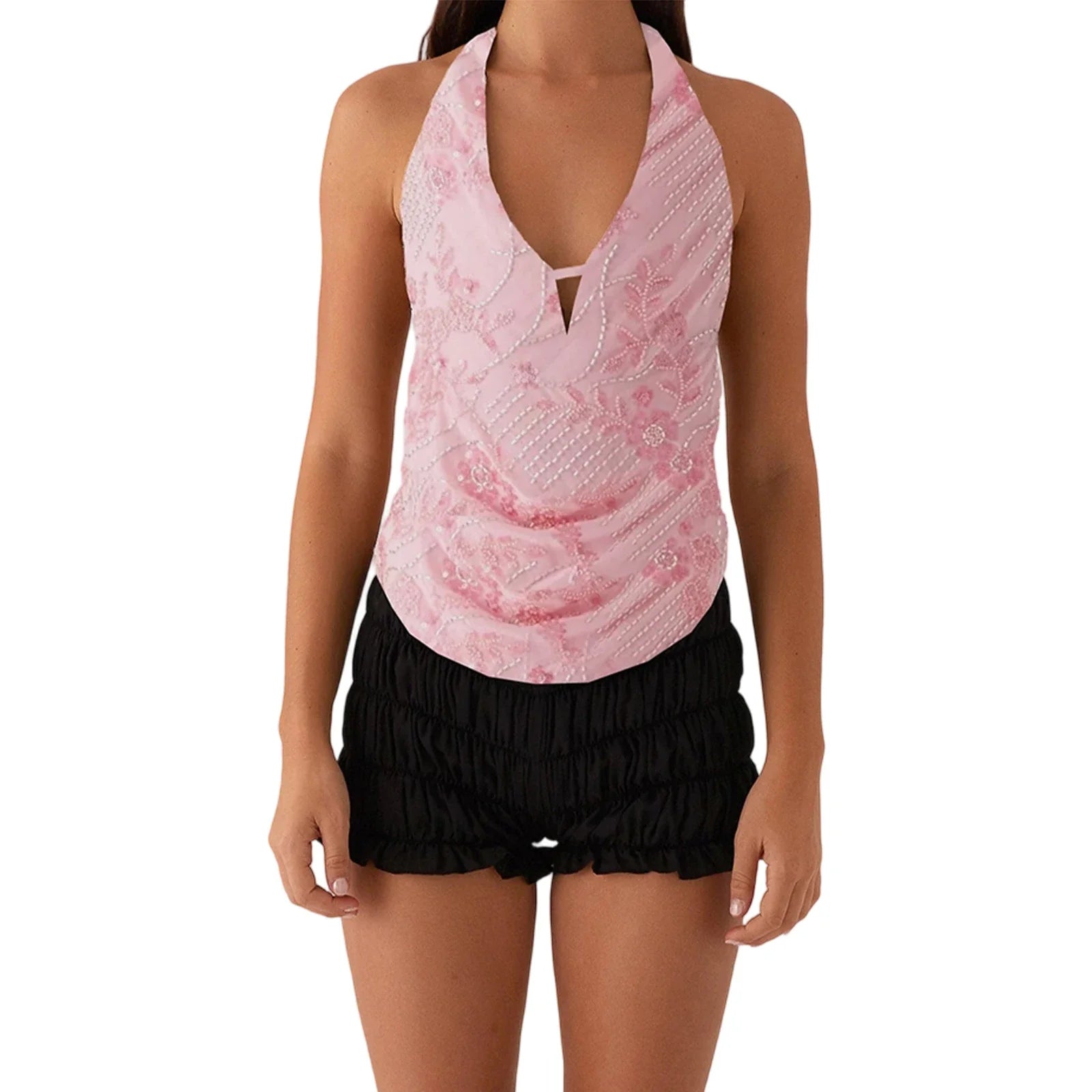 Elegant  Sequins Patchwork Women Halter Tops Summer Beaded Floral Pattern Backless Shirts Vest for Streetwear Aesthetic  Clothes