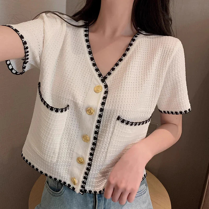 Summer Women New Solid V-Neck Casual Crop Top Single-breasted Pocket Patchwork Cardigan Versatile Loose Short Sleeve Shirts 2025