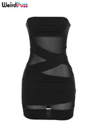 Weird Puss Party Strapless Dress Women Patchwork Mesh Summer Trend Sleeveless Midnight Sexy Hip Mini Bodycon Skinny Clubwear