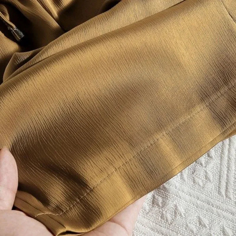 High Quality Wide Leg Pants Women Vintage Drawstring High Waist Satin Silk Pants Woman Casual Loose Straight Trousers