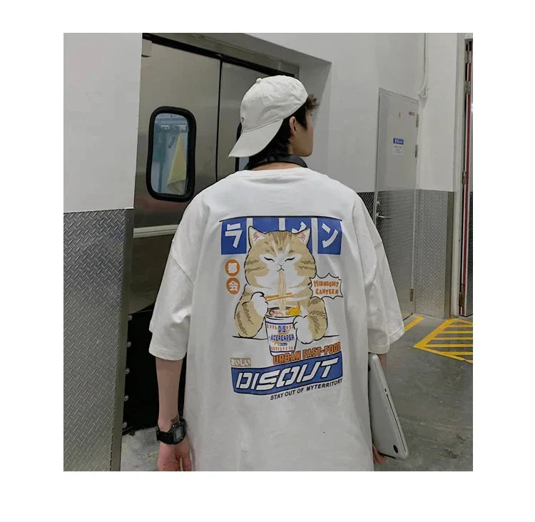 Harajuku Cat Cartoon Eating Noodles Graphic Men Women Tshirts Casual Short Sleeve Tees Japan Style Oversized T Shirt Clothing