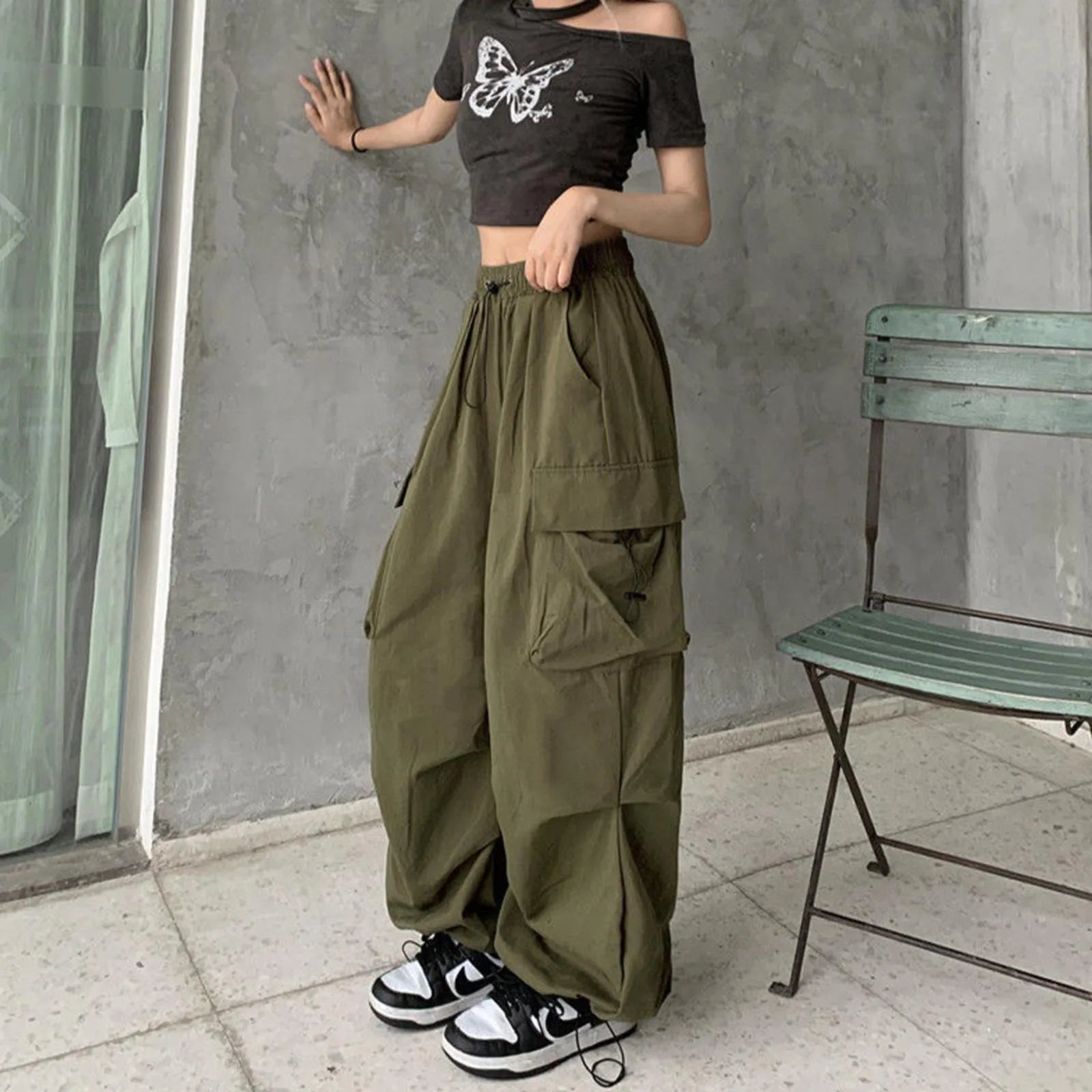 Green Women Baggy New Pants Cargo Trousers Streetwear Multi Pockets Casual Loose Trousers Outdoor Tracksuit Women Pants