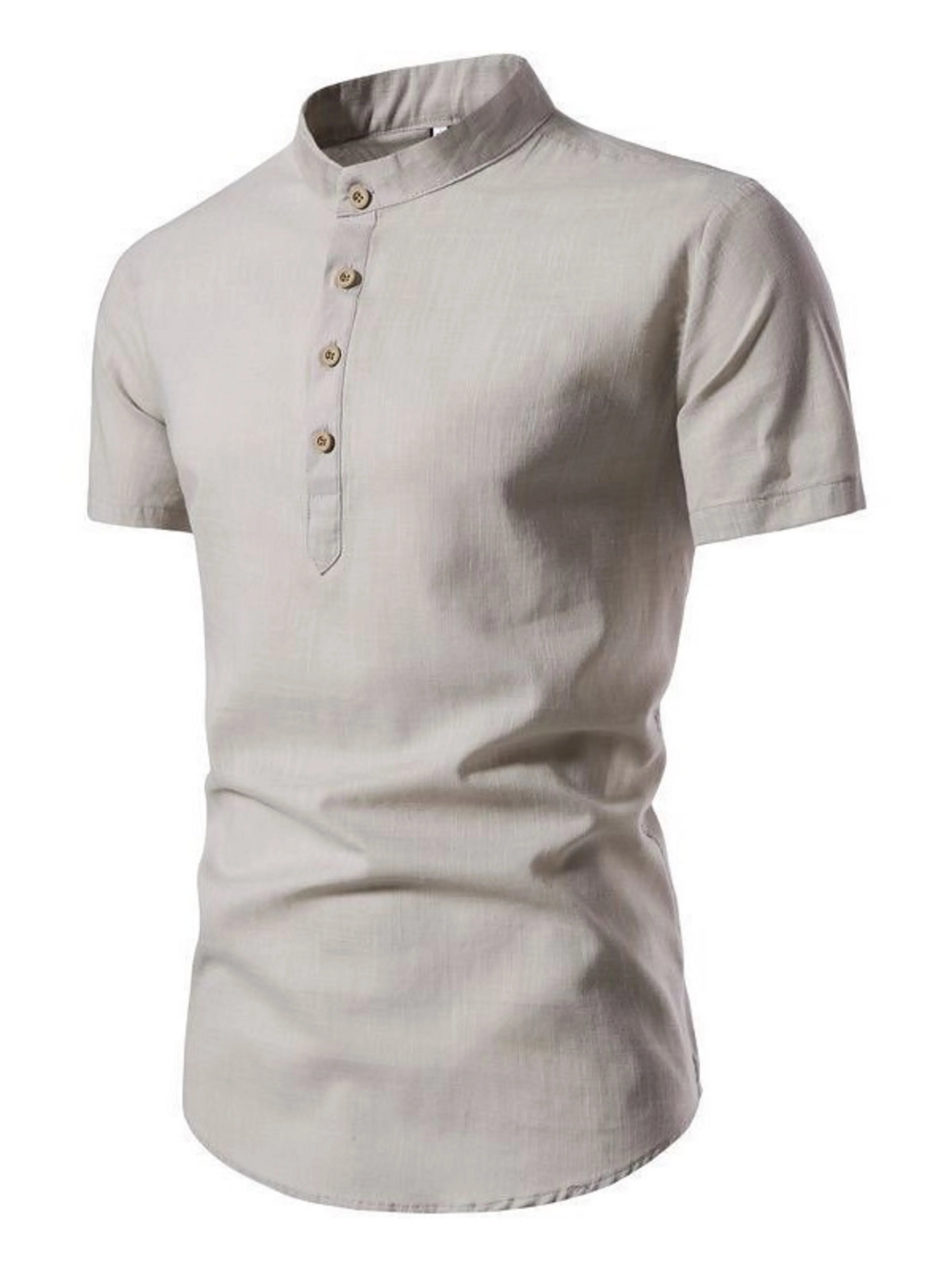 Fashionable short-sleeved cotton shirt with stand-up collar for summer outdoor activities. Men's solid color casual shirt