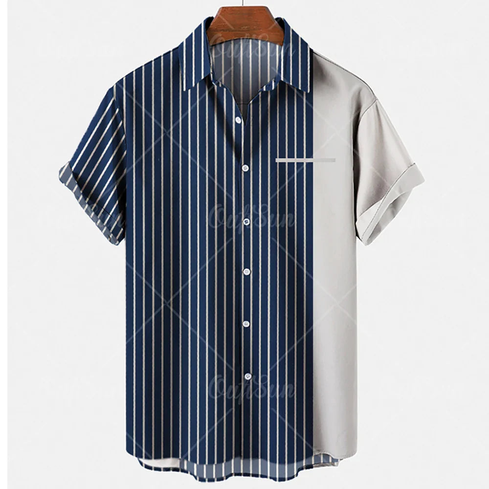 Fashion Men's Striped Casual One Button Shirts Streetwear Short Sleeve Loose Top 3D Digital Printed Blouse Plus Size 5XL