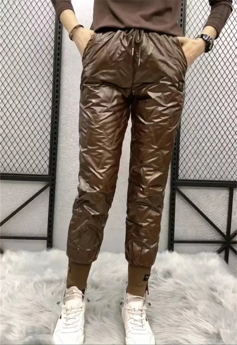 Winter Oversized Down Cotton Pencil Pants Warm Korean Fashion Slim Thick Women Pantalones Casual High Wais Black Trousers 4XL