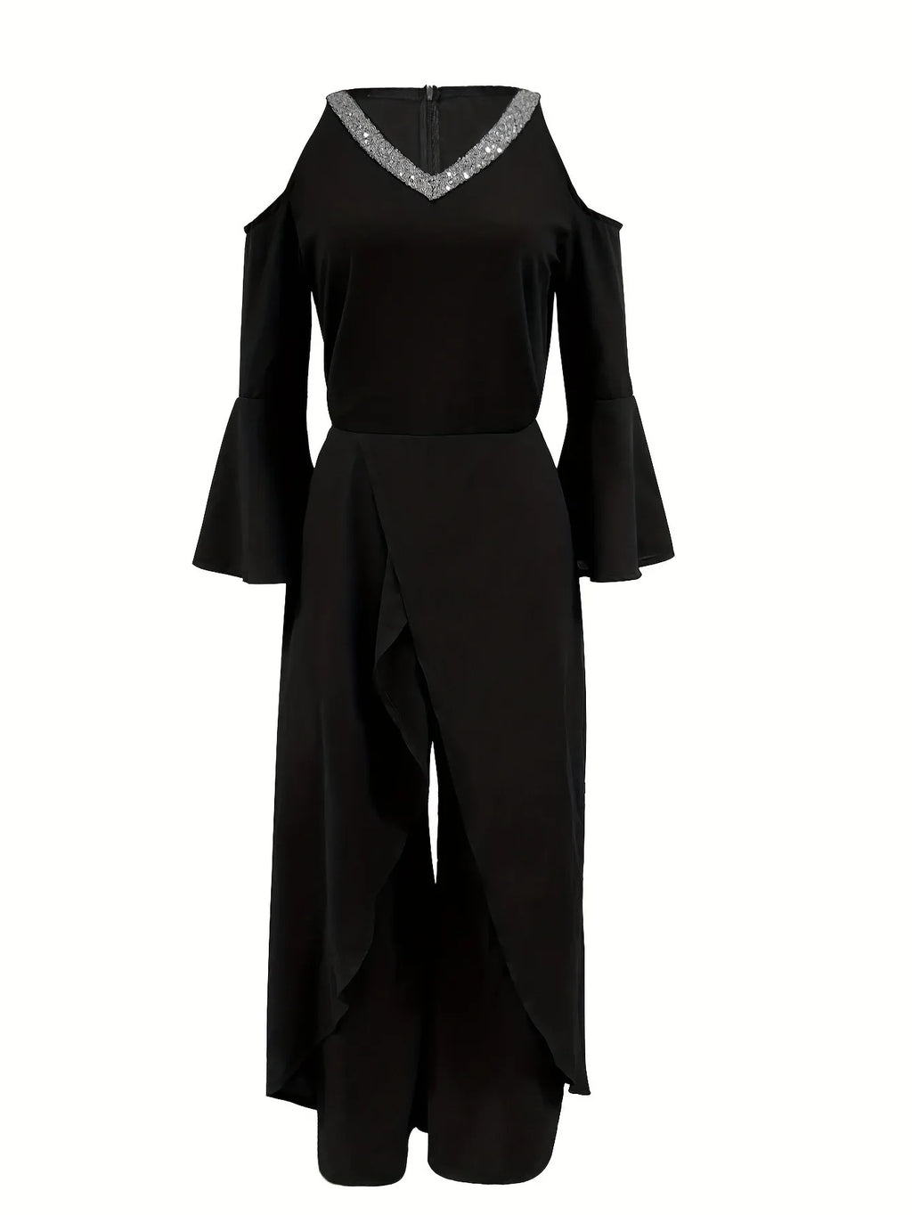 Women's Sequin Solid V Neck Business Elegant Wide Leg Loose Sleeve Bell Sleeve Jumpsuit